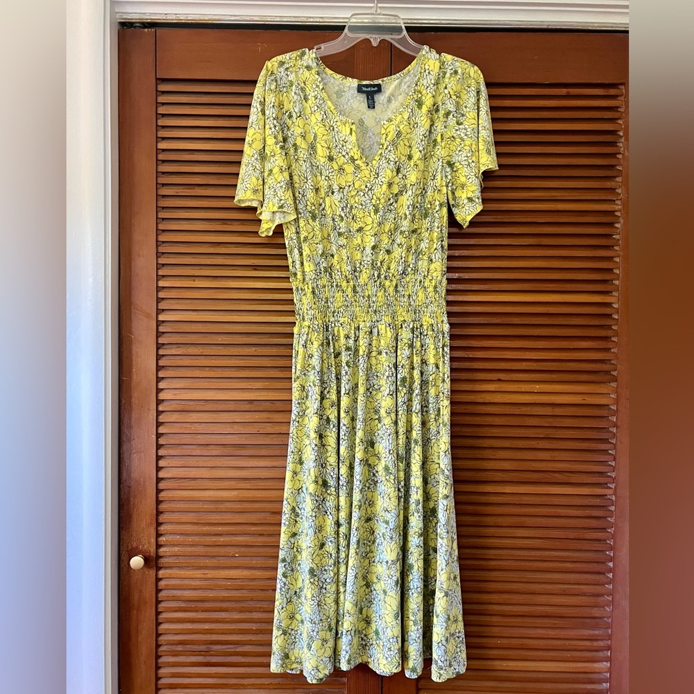 EUC ModCloth 💛 yellow floral jersey midi dress short sleeve